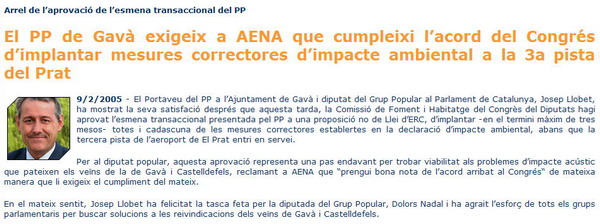 Noticia del PPC de Gavà felicitándose por la aprobación de la proposición no de Ley en el Congreso de los Diputados que incluye una enmienda del PPC (9 de Febrero de 2005)